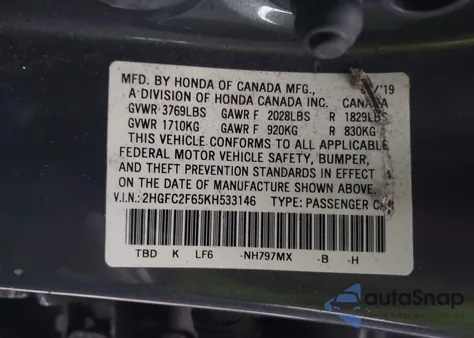 2019 Honda Civic Lx z USA, uszkodzony, nr VIN 2HGFC2F65KH533146